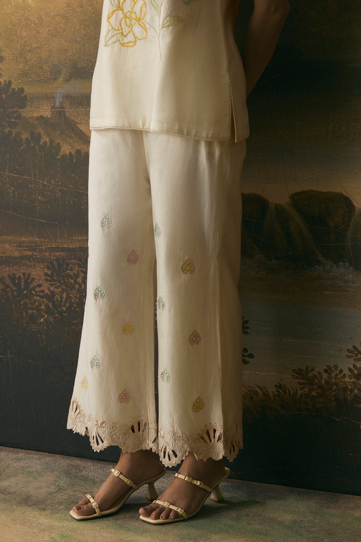 Ivory Cutwork Floral Straight Pants