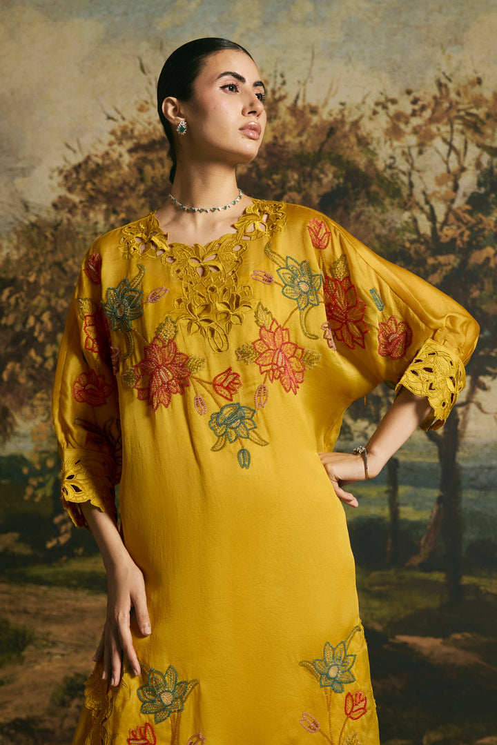 Amber Yellow Blossom Kimono Kurta With Pants