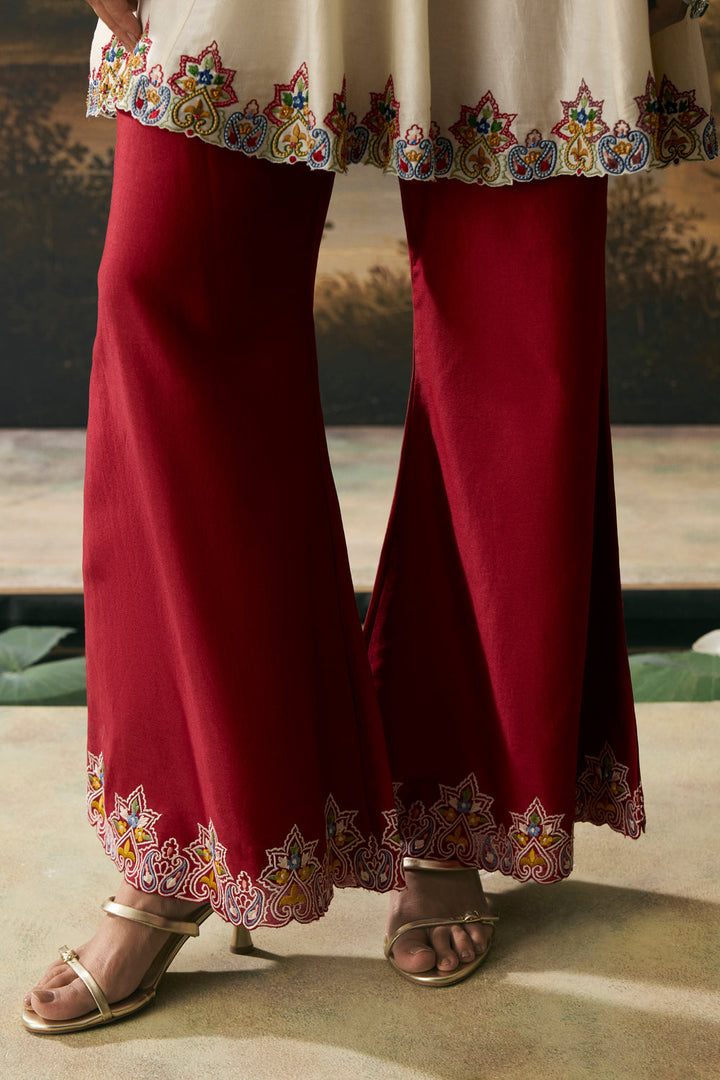 Ivory Contrast Paisley Flared Short Kurta With Bell Bottom Pants