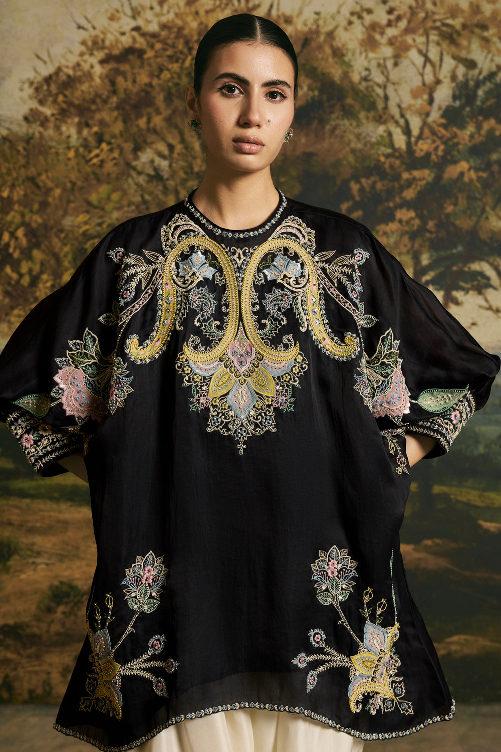 Black Contrast Paisley Detail Tunic With Harem Pants