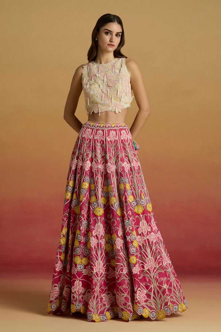 Hot Pink Contrast Threadwork Lehenga