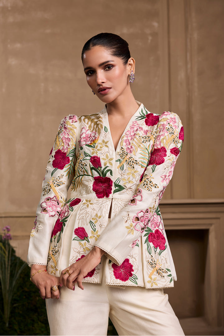 Ivory Floral Foliage Pleated Peplum Jacket