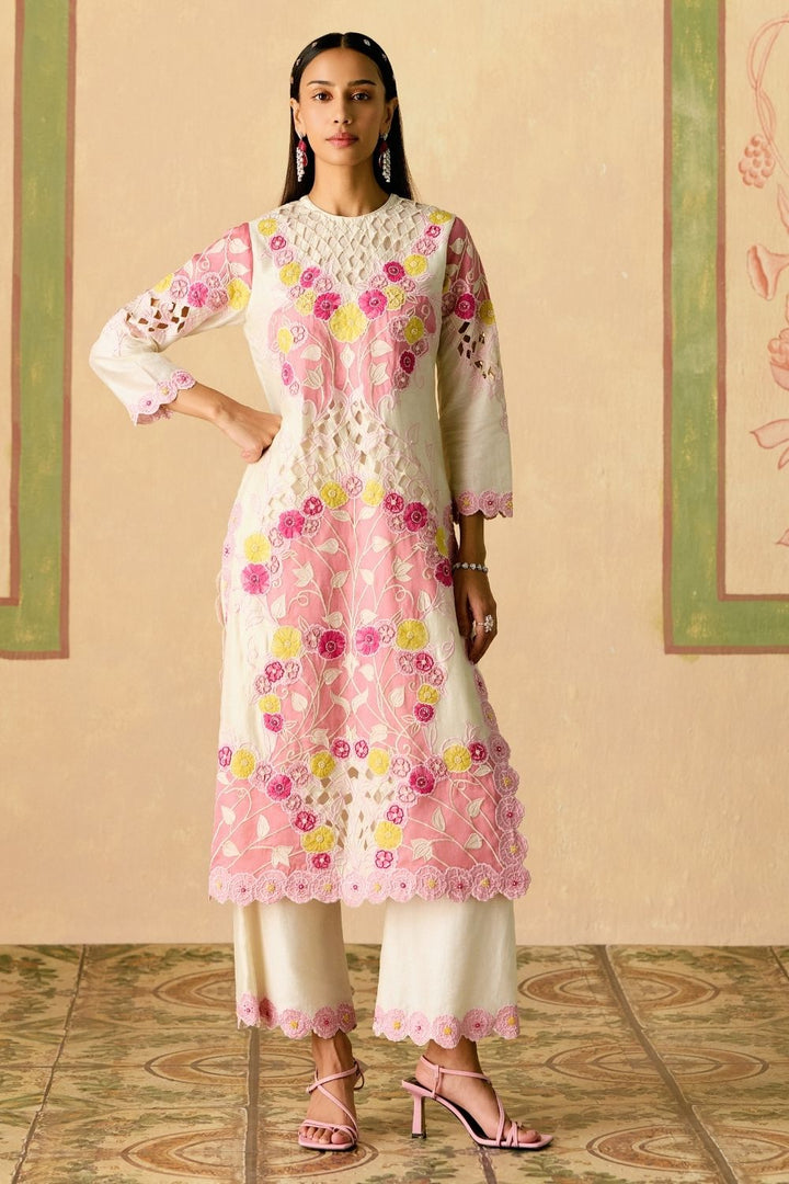 Ivory and Pink color block applique kurta with pants