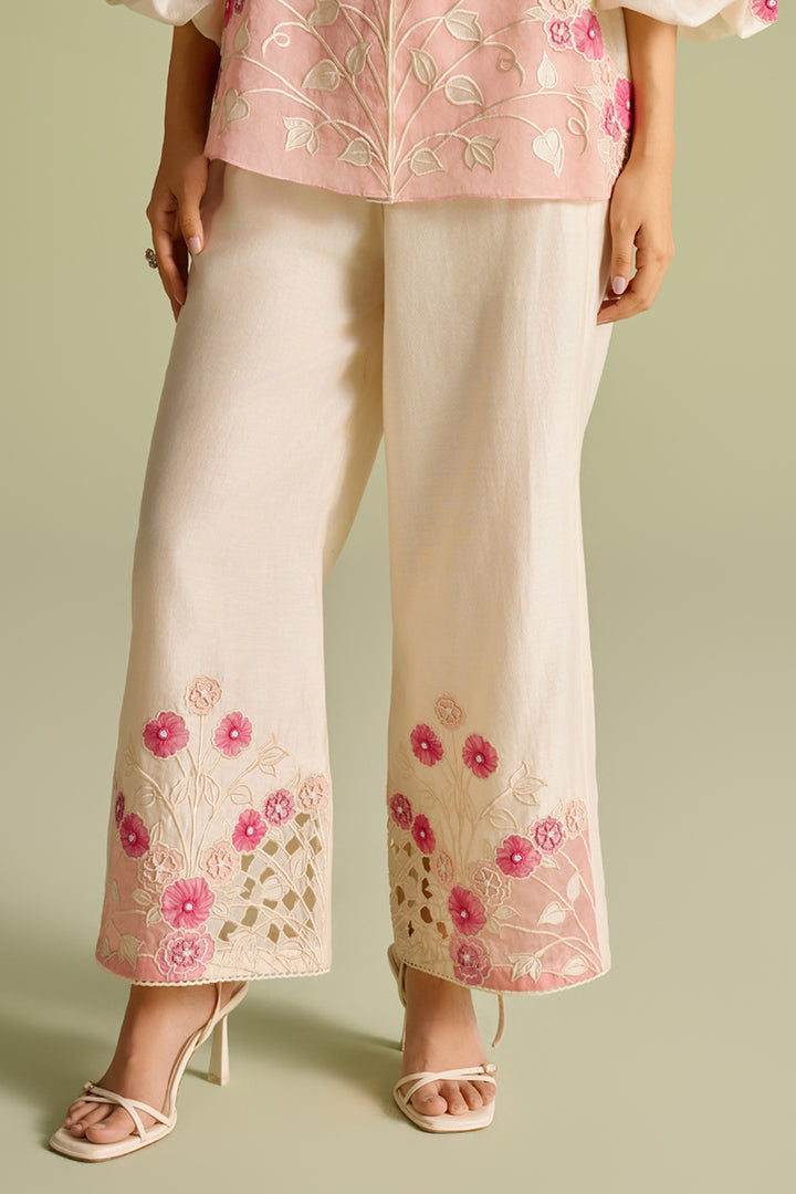 Ivory & Pink Panelled Applique Pants