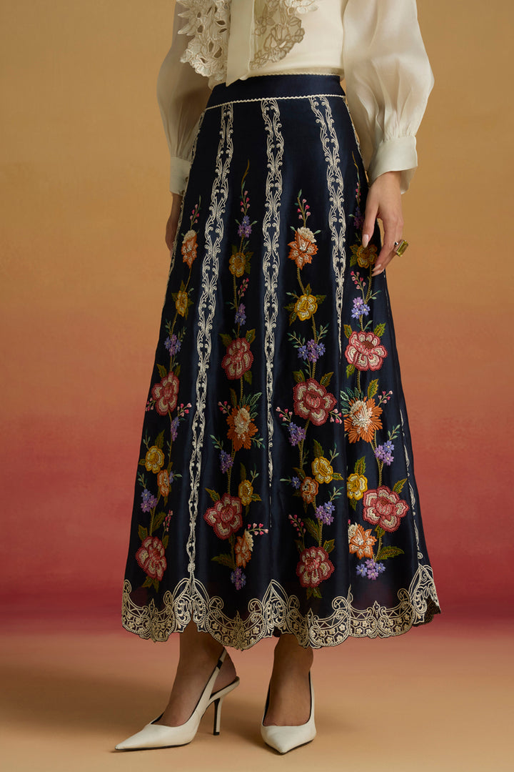 Indigo Floral Panelled Skirt