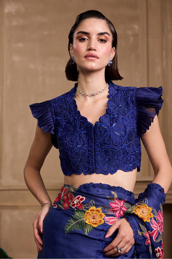 Cobalt Blue Floral Ruffled Top