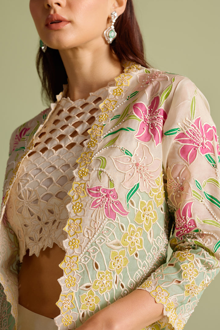 Ivory & Aqua Applique Long Jacket