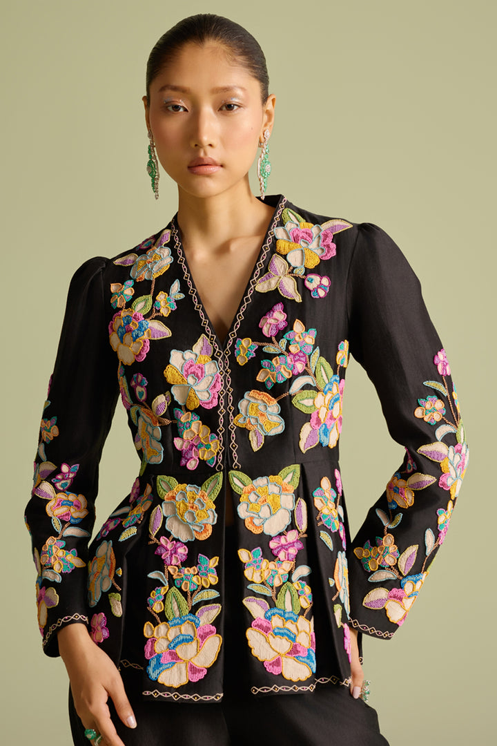 Black Cordwork and Beadwork Pleated Peplum Jacket