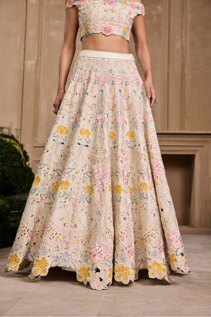 Ivory Pastel Florals Cutwork and Beadwork Lehenga