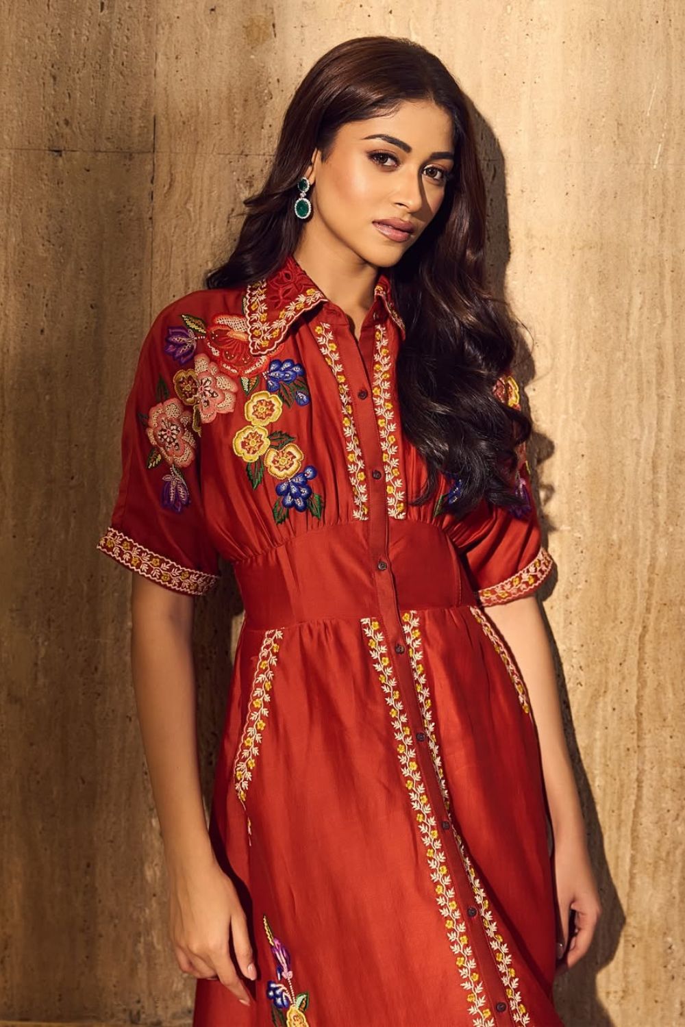 Nandini Guptaa In Our Red Embroidered Corseted Shirt Dress