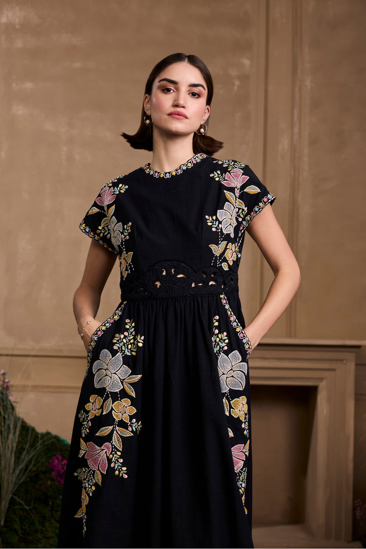 Black Floral Embroidered Midi Dress