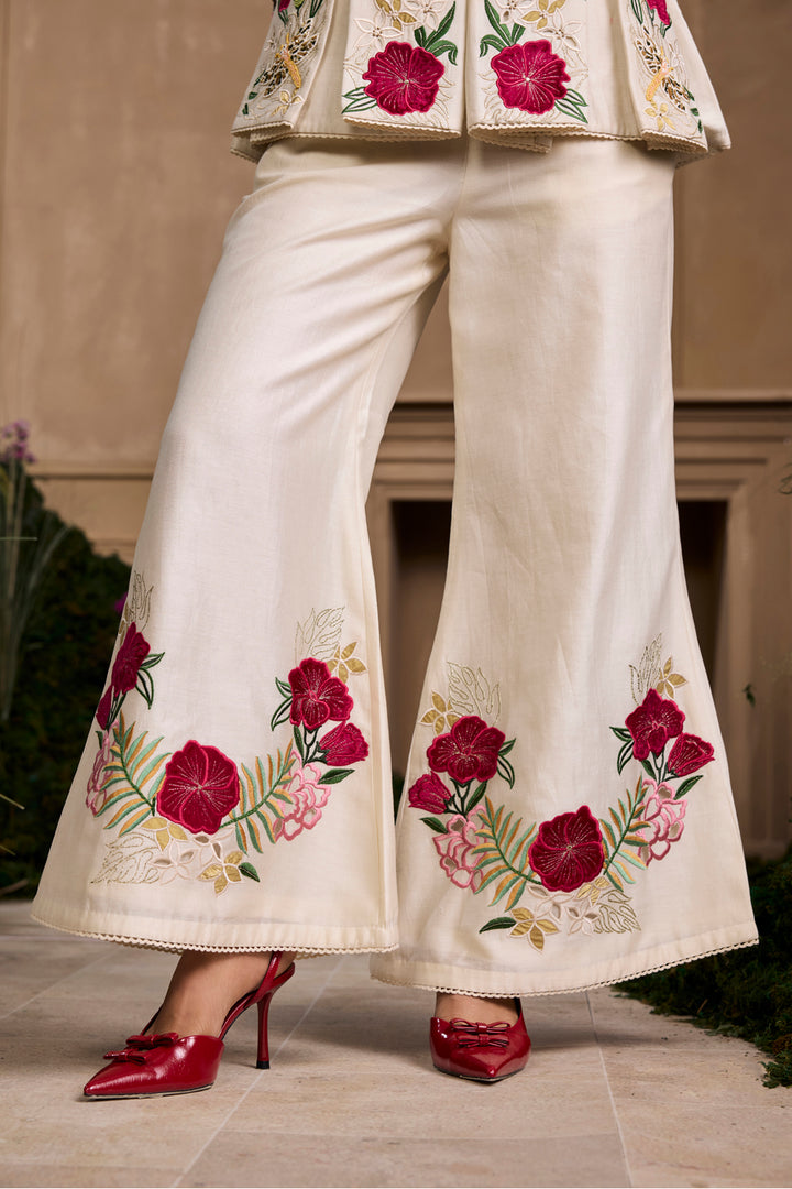 Ivory Floral Foliage Bell Bottom Pants