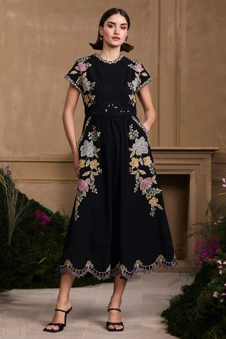 Black Floral Embroidered Midi Dress