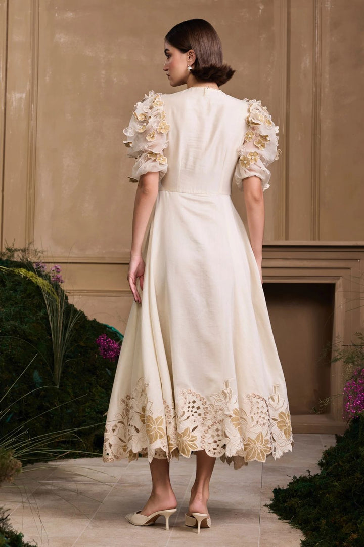 Ivory & Gold Pleated Embroidered Flounce Dress