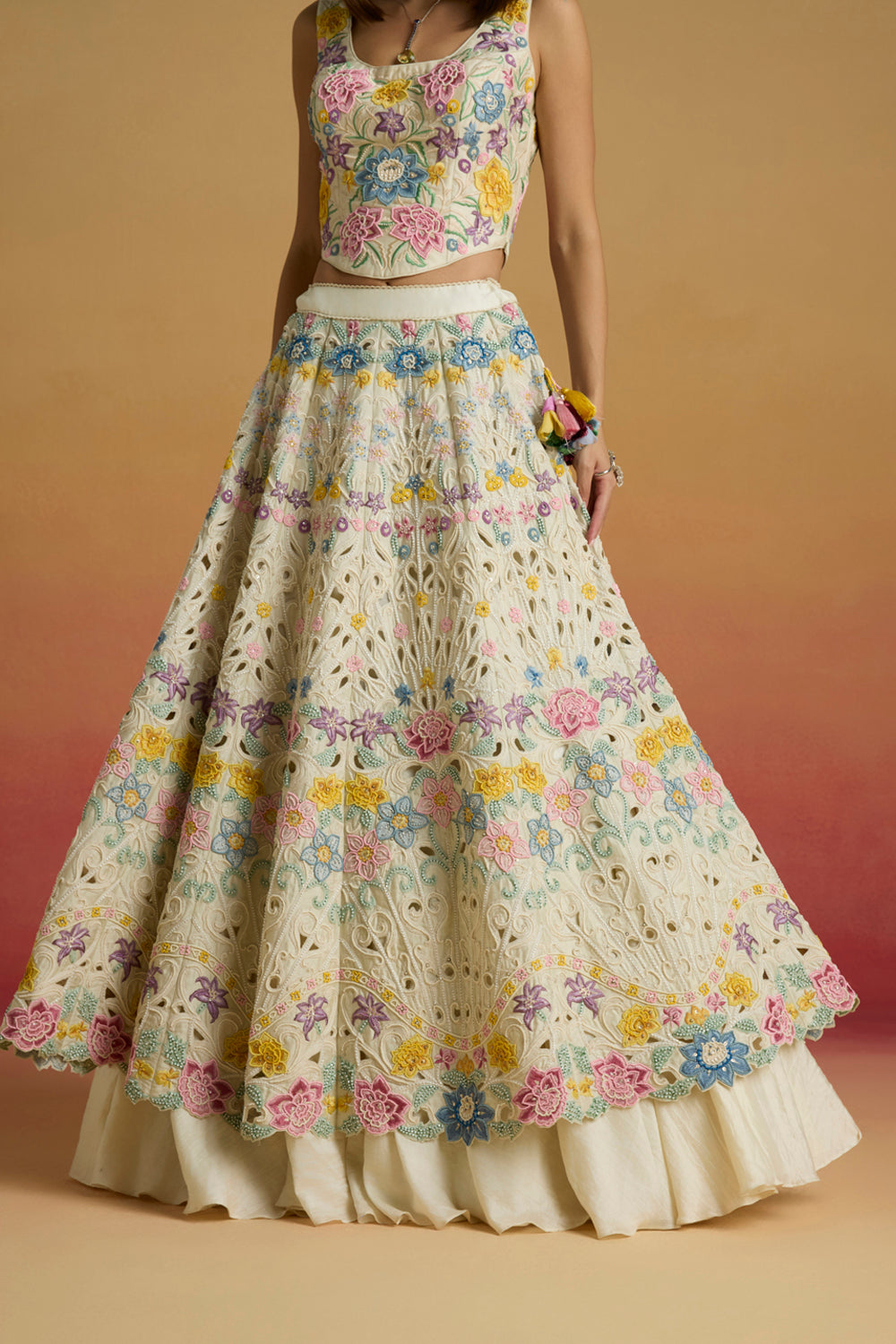 Ivory Pastel Floral Cordwork Lehenga