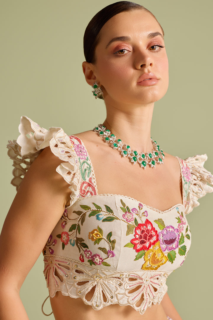 Ivory Multicolour Floral Embroidered Bustier