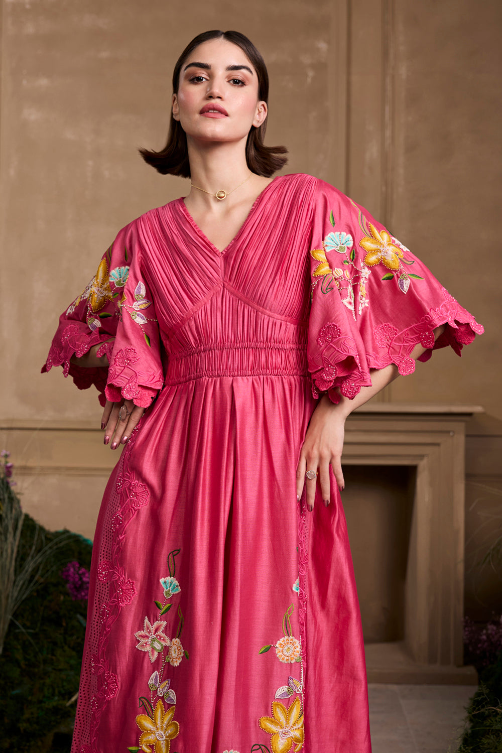 Fuchsia Floral Embroidered Ruched Dress