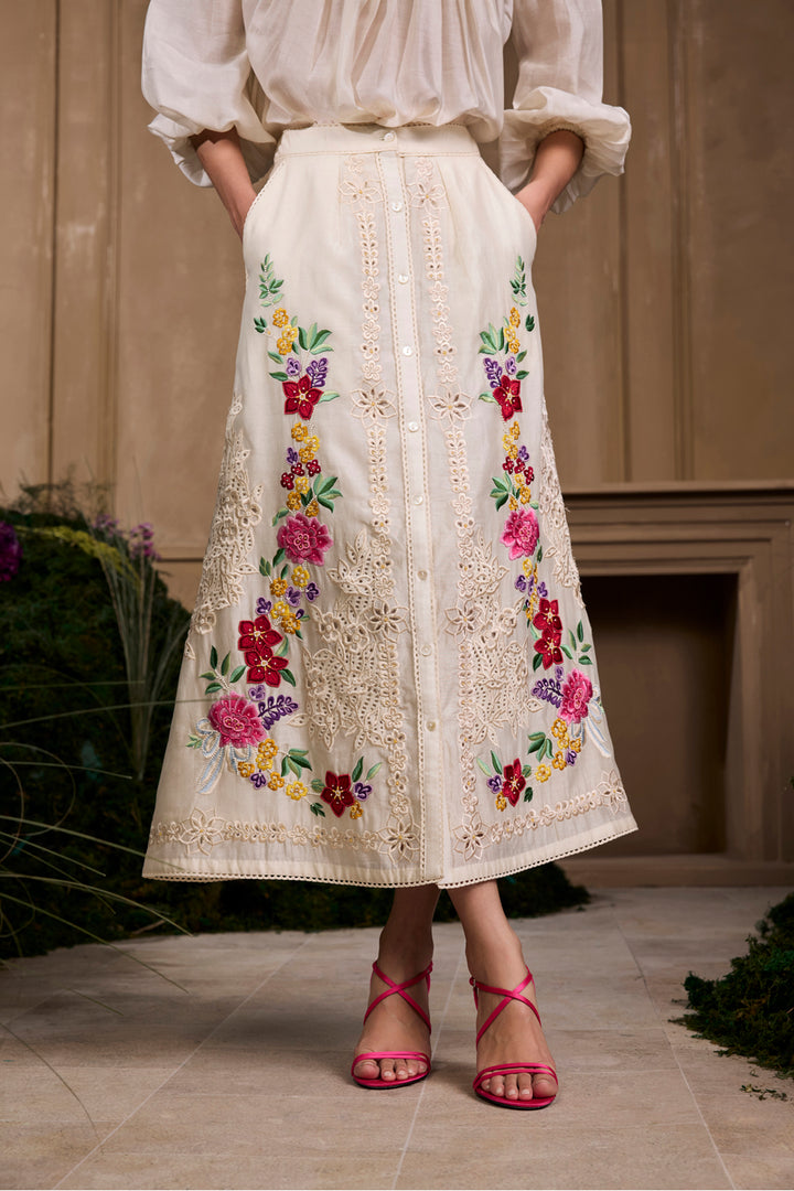 Ivory Floral Embroidered Buttondown Skirt