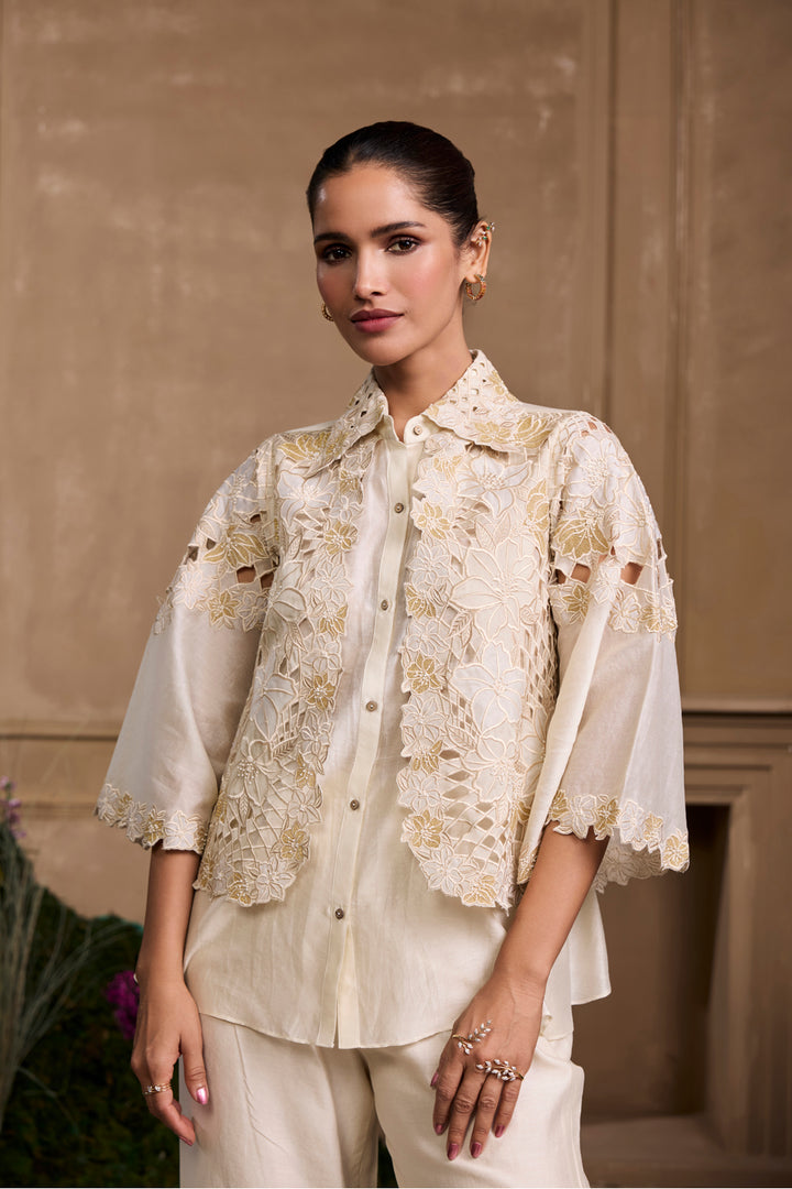 Ivory Metallic Applique and Cutwork Layered Shirt