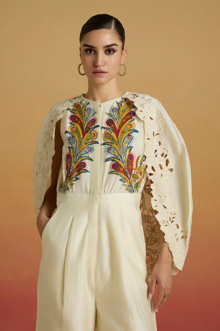 Ivory Embroidered Cape Jumpsuit
