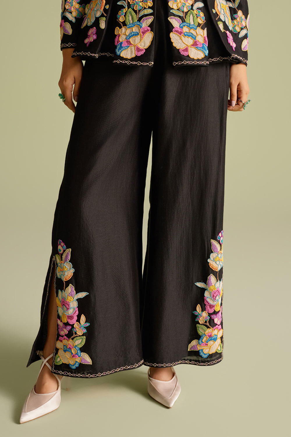 Black Cordwork and Beadwork Flared Pants