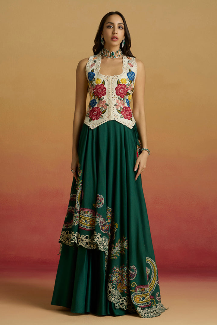 Emerald Green Paisley Embroidered Layered Lehenga