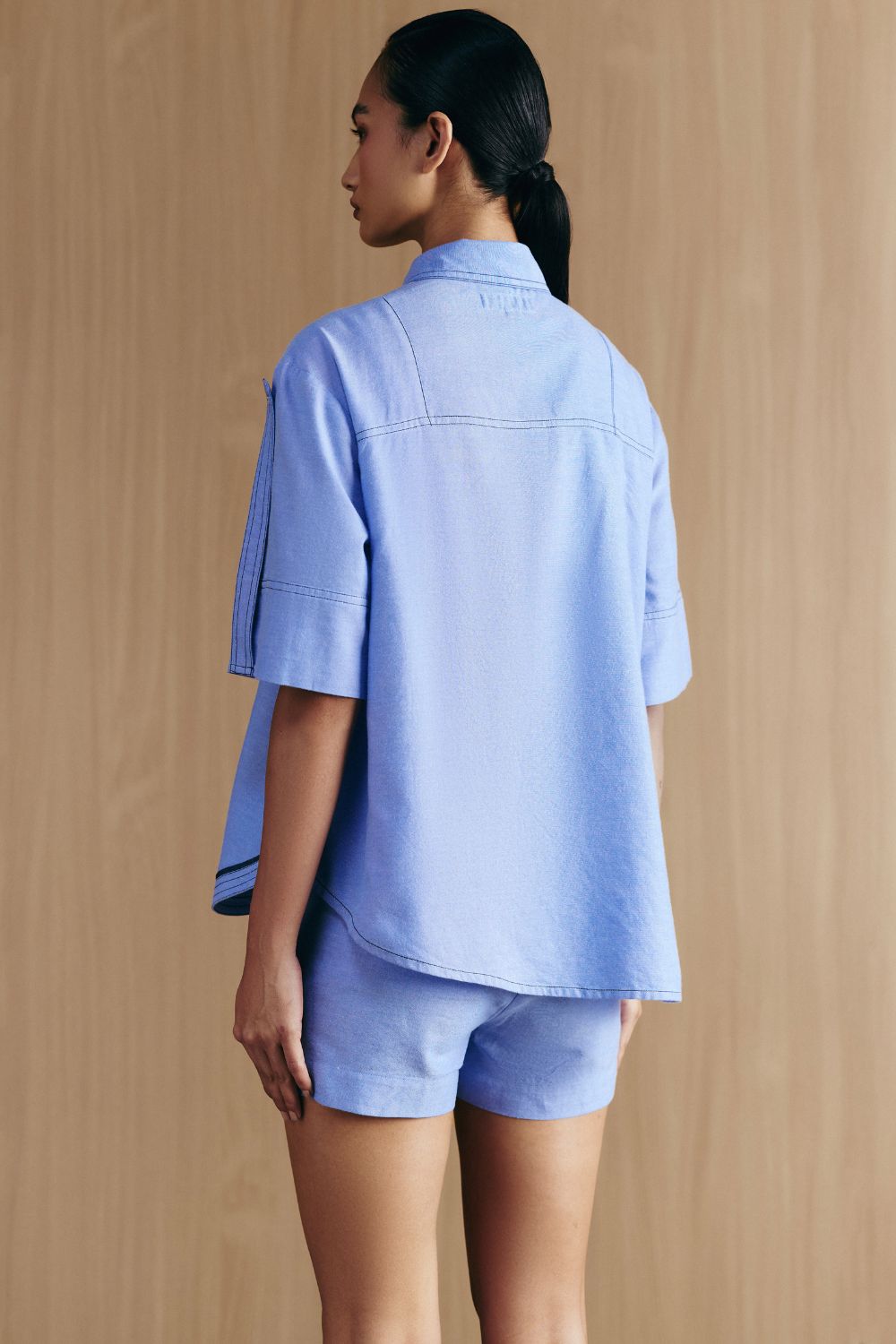 CHAMBRAY EMBELLISHED HI-LOW SHIRT
