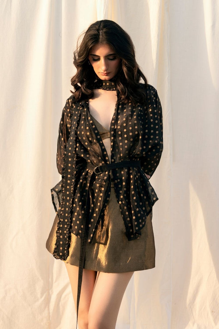 Victorian Gold printed Frill Shirt with a Tie - Black Cotton Silk Sheer Blouse