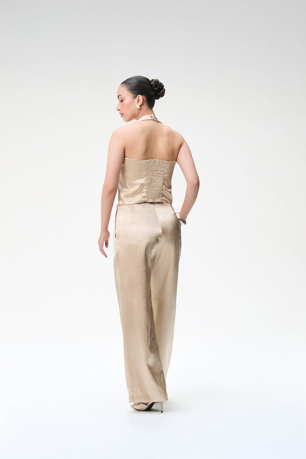 Champagne Halter Waistcoat With Gold Buttons & Champagne Trouser With Pleats