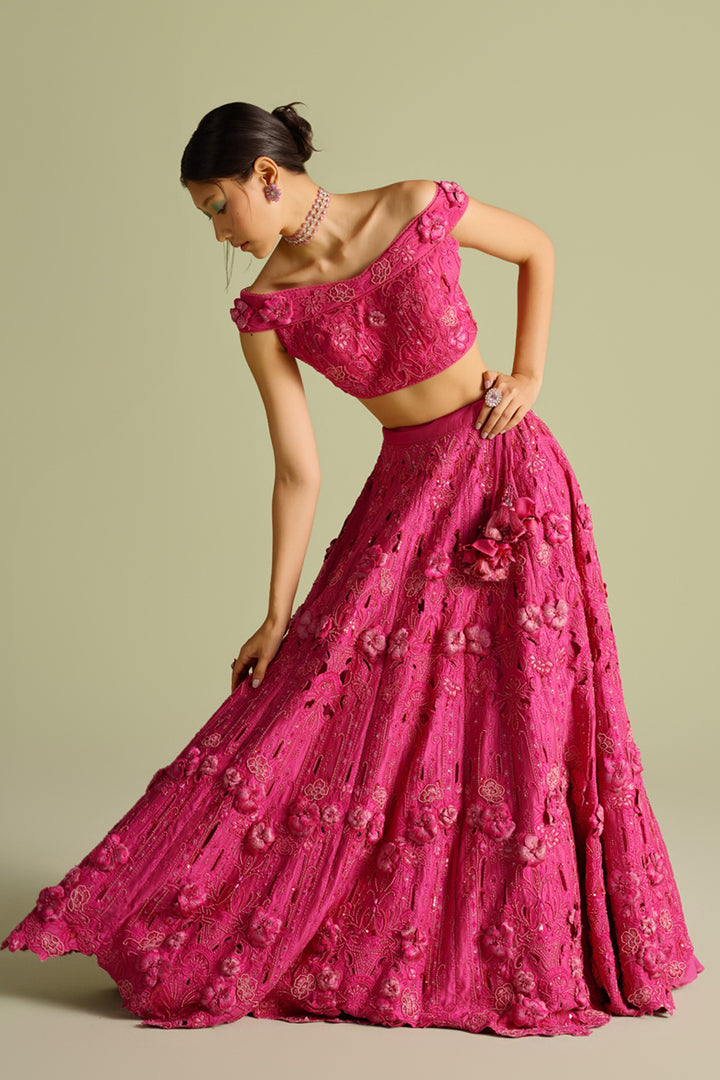 Fuchsia Cutwork and 3d Applique Lehenga