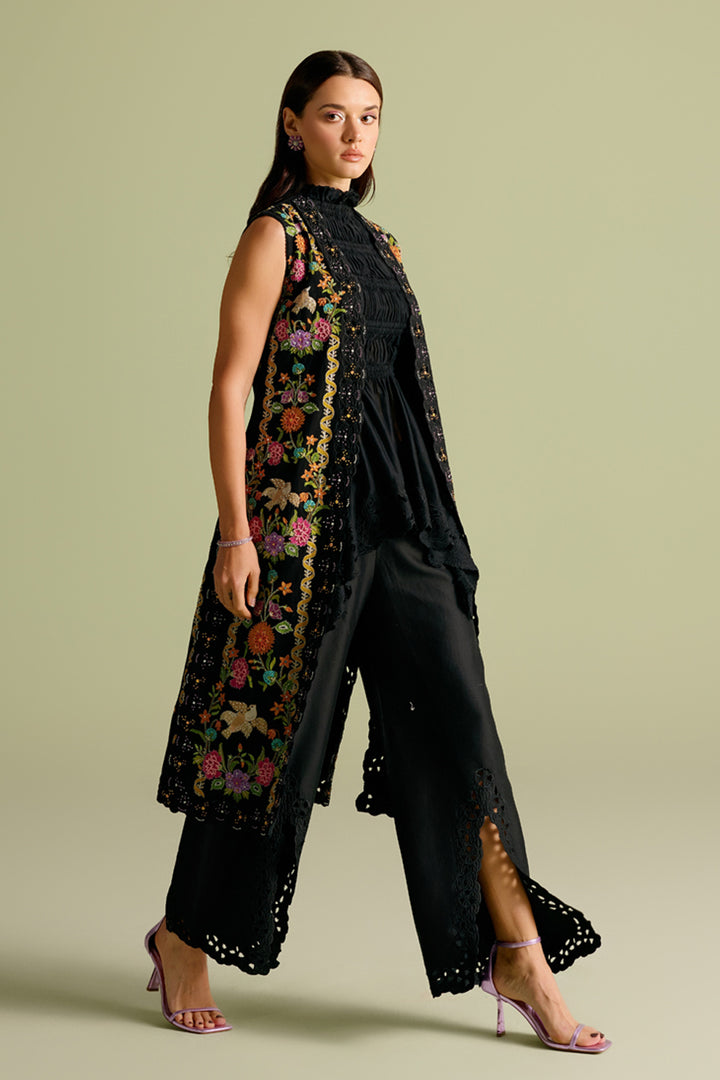 Black Ruched Cutwork Peplum Top