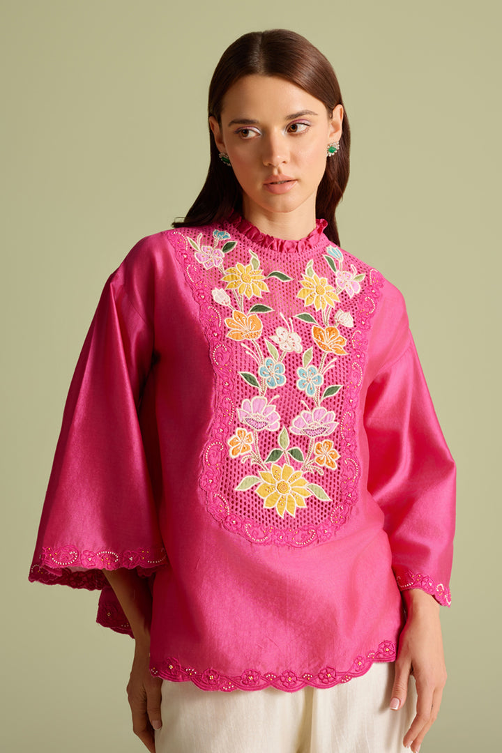 Fuchsia Mesh Yoke Detail Top