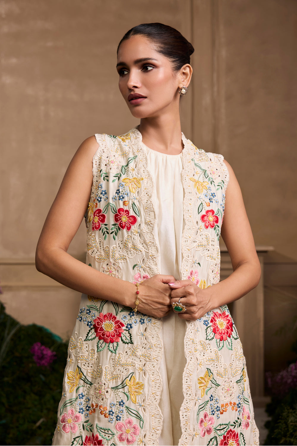 Ivory Floral Panel Embroidered Long Jacket