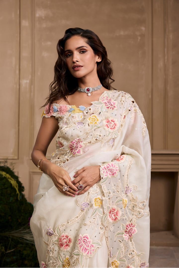 Ivory Pastel Floral Saree