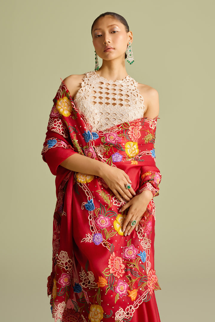 Red Multicolour Floral Embroidered Saree