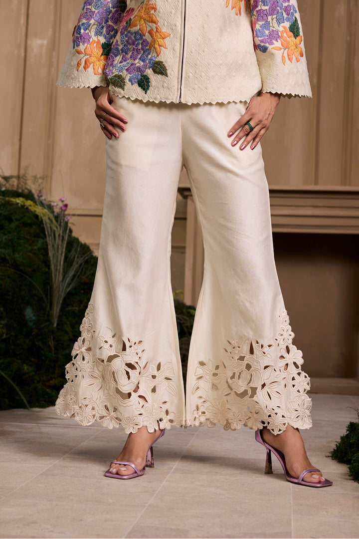 Ivory Floral Cutwork Bell Bottom Pants