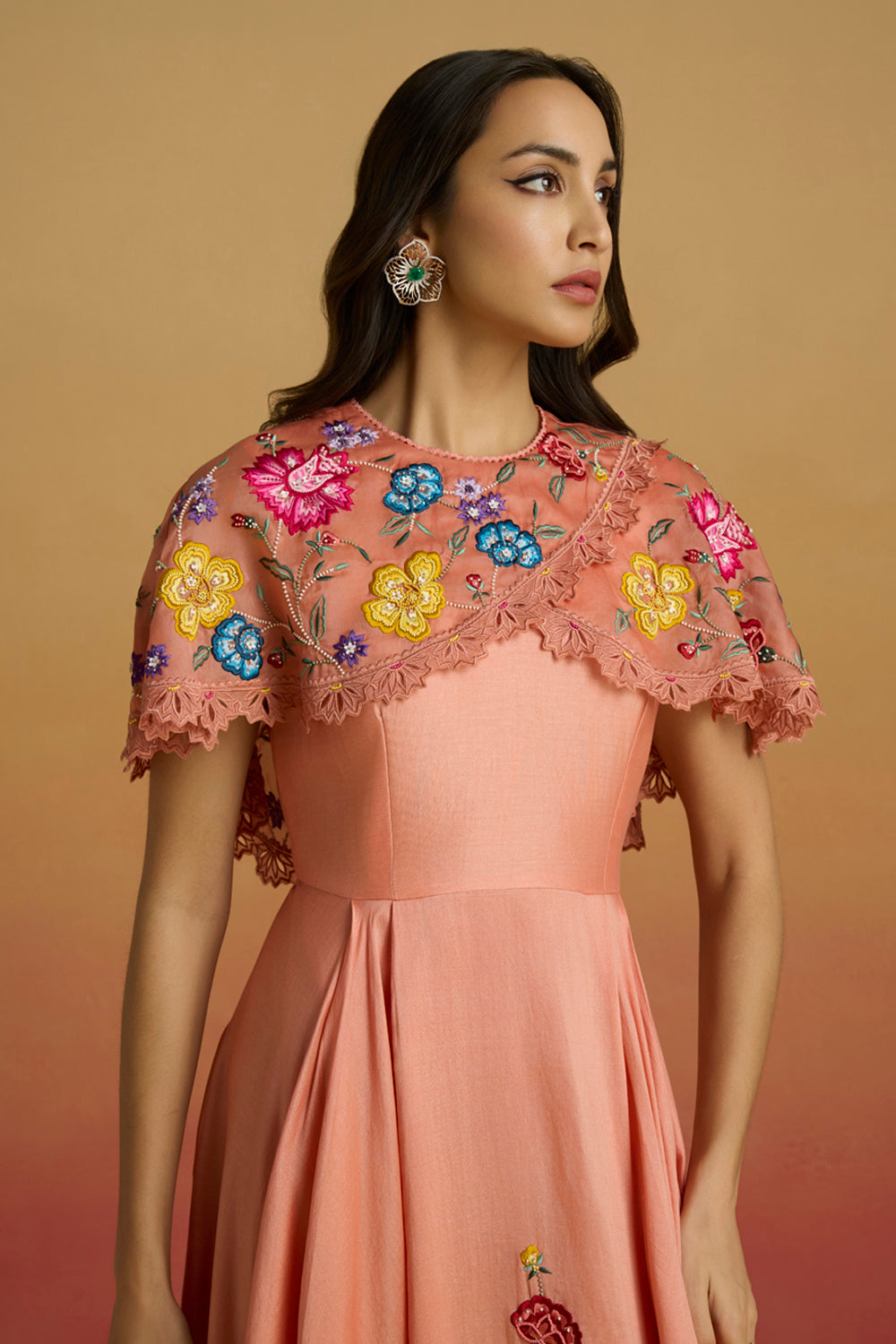 Apricot Cape Detail Flounce Dress