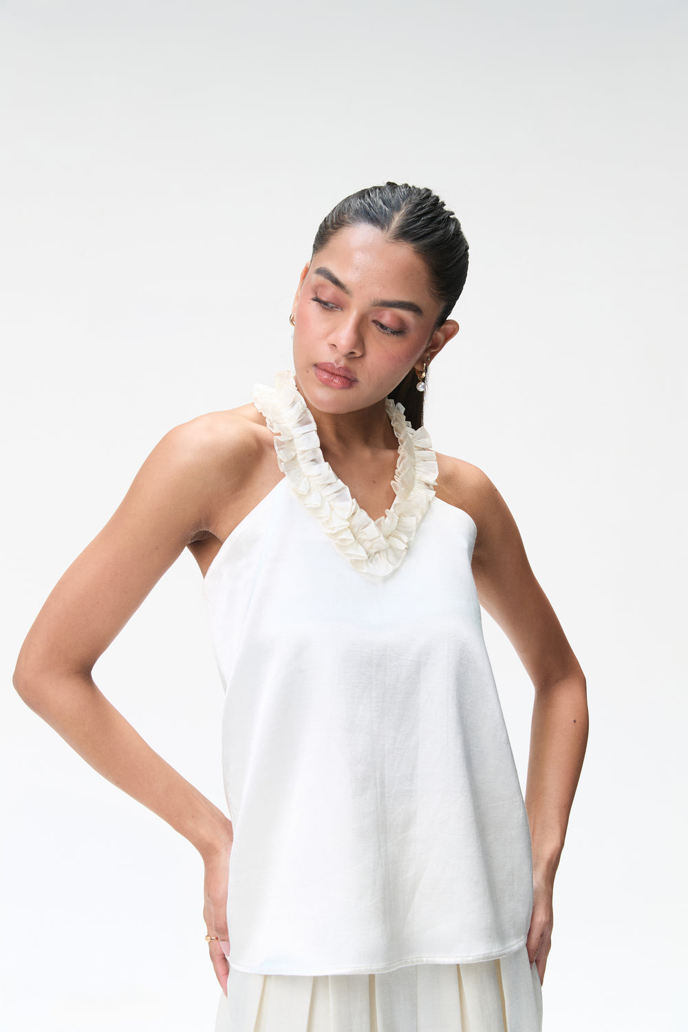 Ivory Halter Neck Top With Ruffle Detail