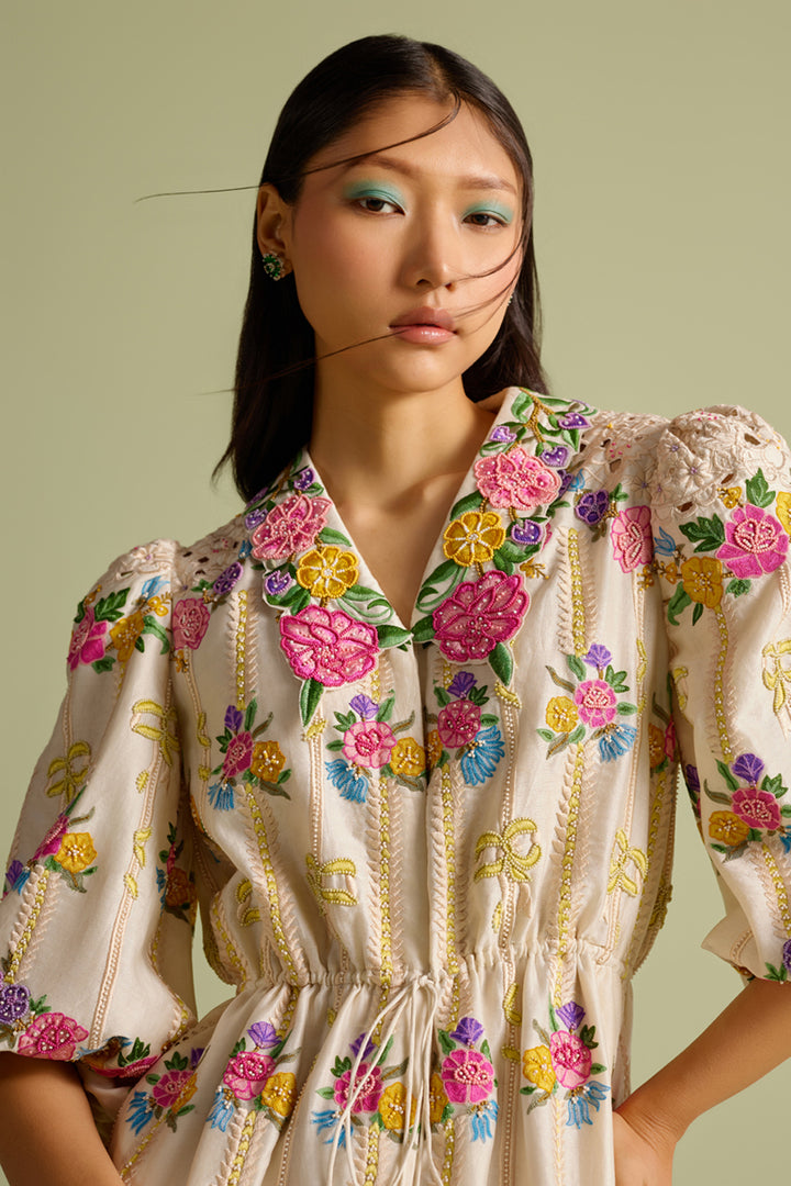 Ivory Floral Striped Short Shirt Dress