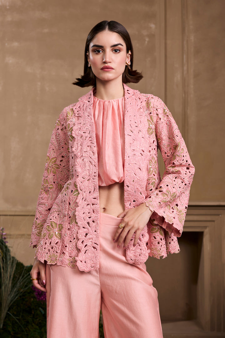 Rose Pink Metallic Applique and Cutwork Flared Jacket