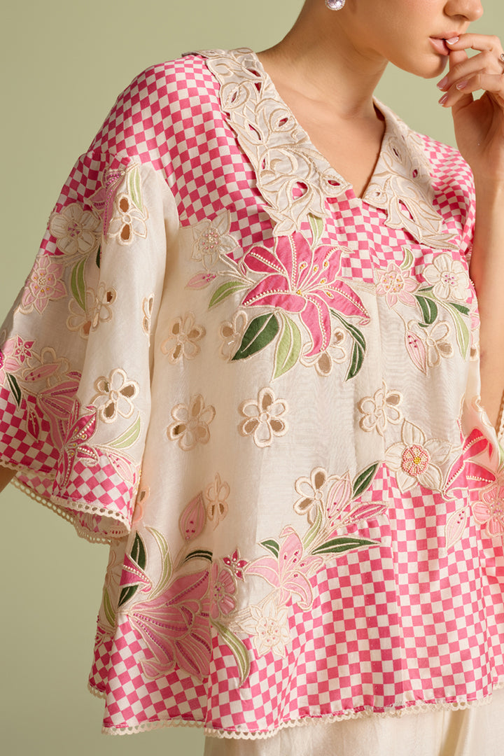 Ivory and Fuchsia Checkered Applique Shirt