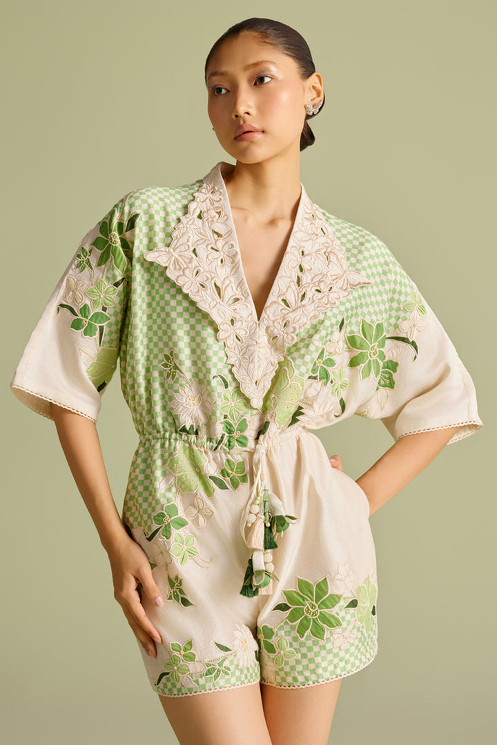 Ivory and Mint Checkered Embroidered Playsuit