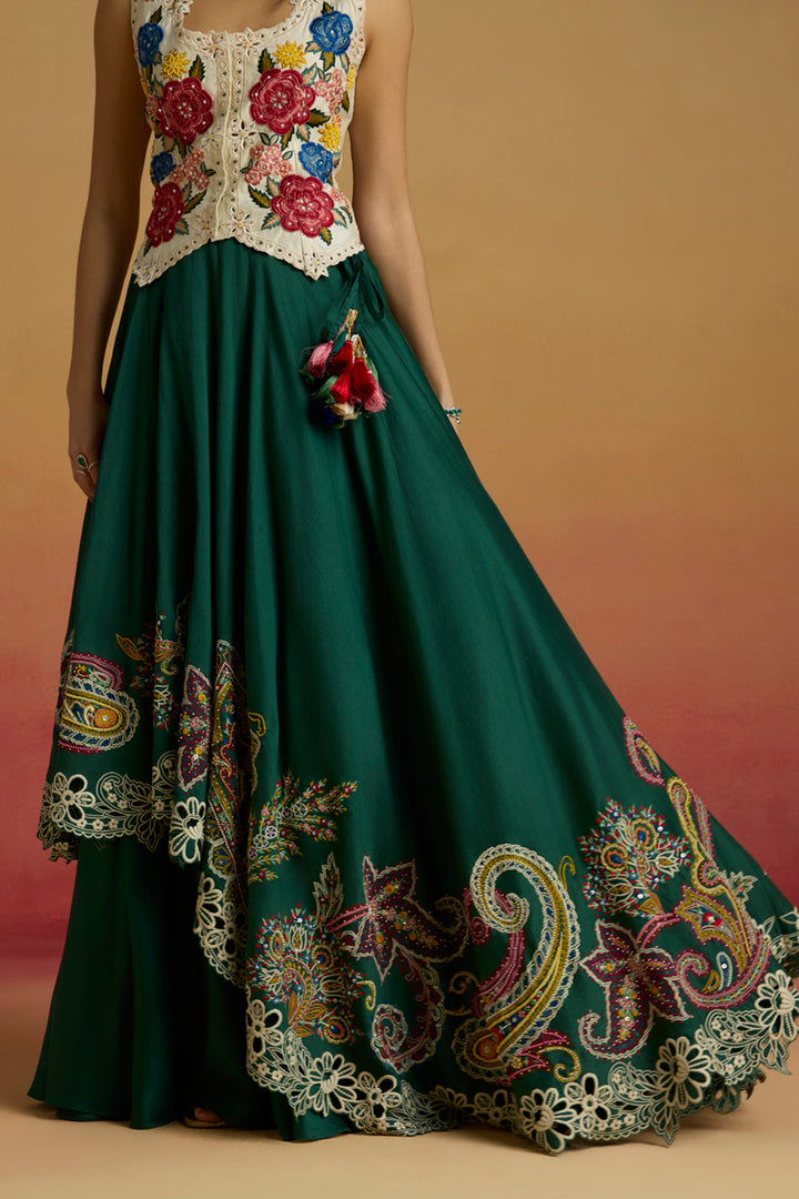 Emerald Green Paisley Embroidered Layered Lehenga