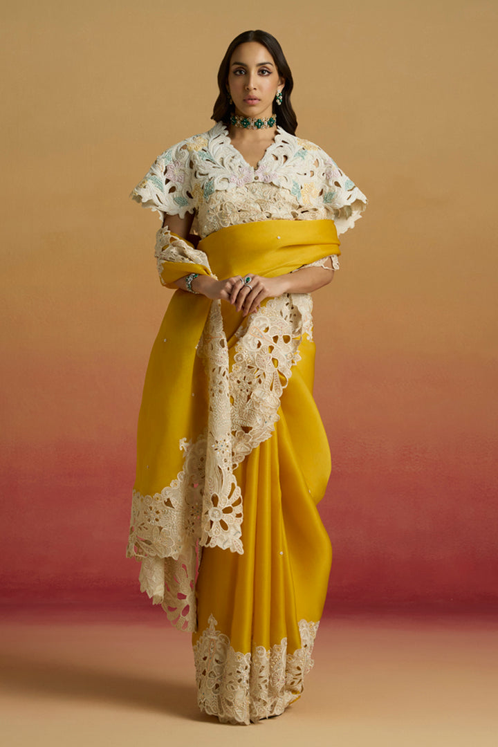 Yellow Contrast Cutwork Saree