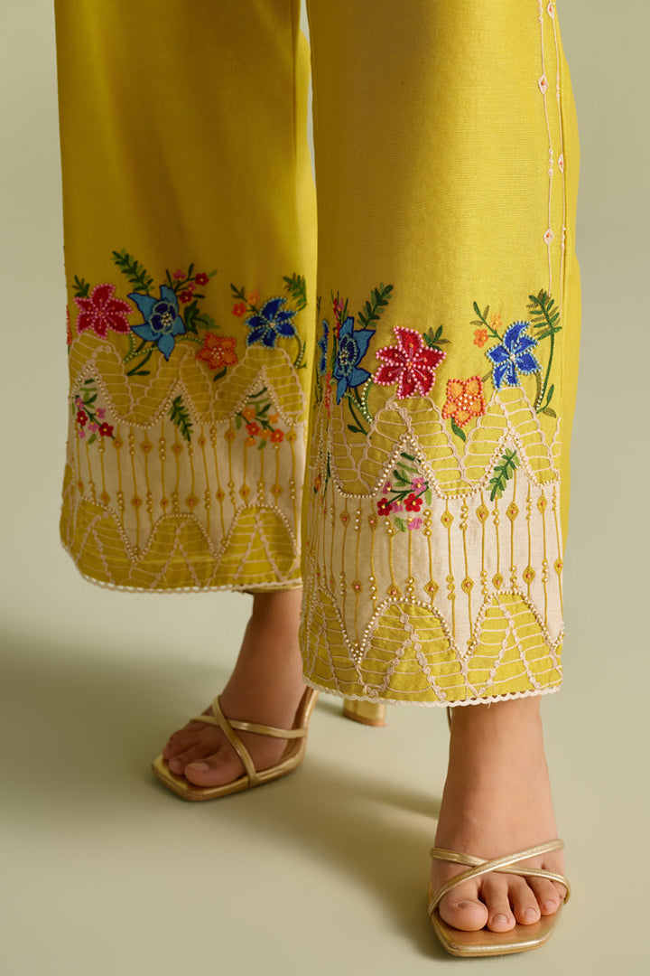 Yellow Floral Embroidered Color Block Pants