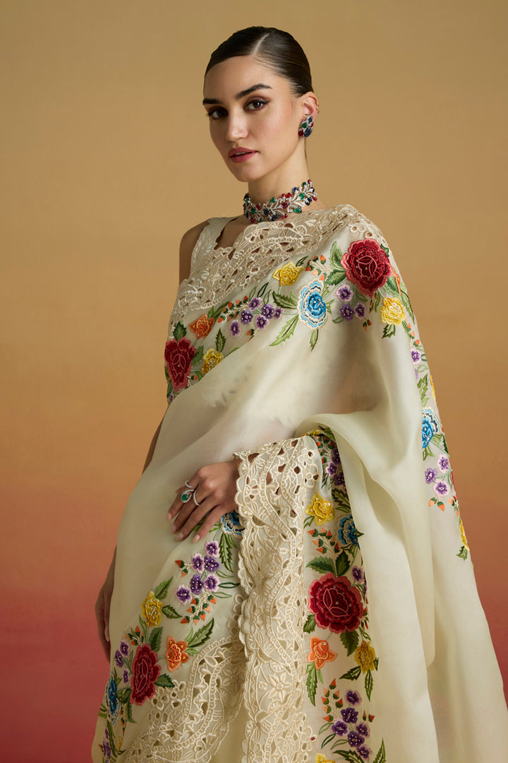 Ivory Cutwork and Floral Threadwork Saree