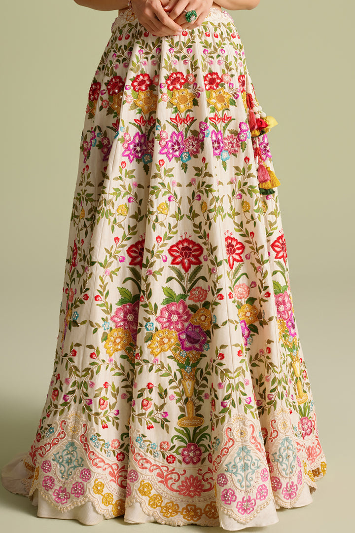 Ivory Multicolour Floral Threadwork Lehenga