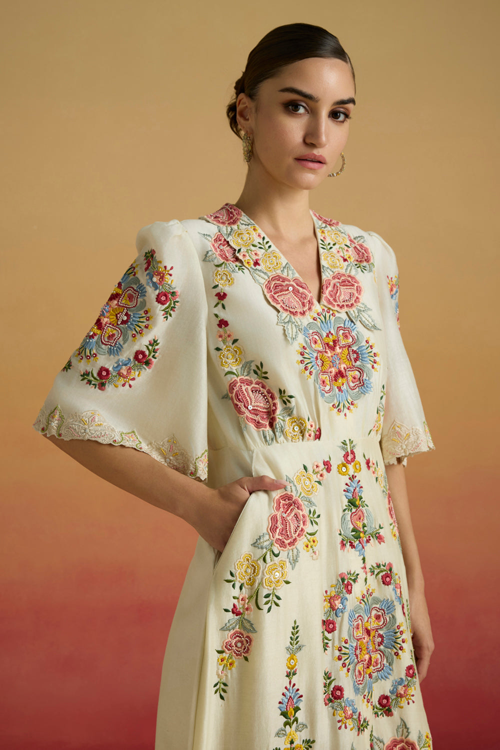 Ivory Floral Threadwork Shirt Dress