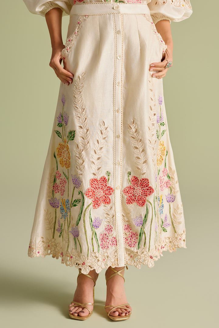 Ivory Floral Mosaic Button-down Skirt