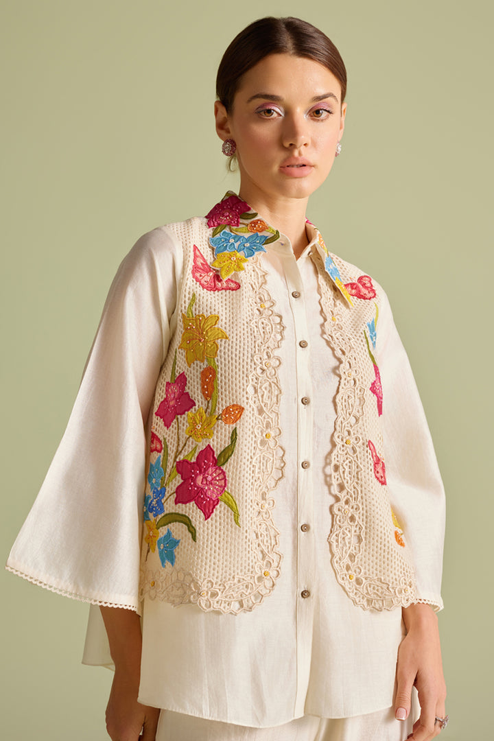 Ivory Floral Mesh Layered Shirt